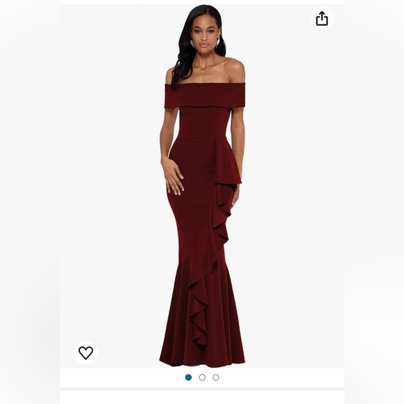 Betsy & Adam Dresses & Skirts - Betsy & Adam Women's Long Off Shoulder Cascade Ruffle Stetch Scuba Crepe Gown